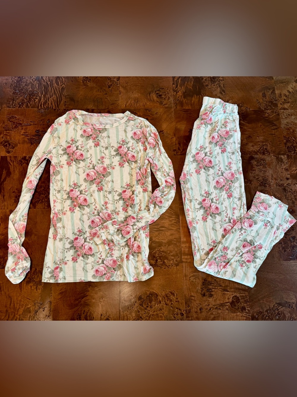 Posh Peanut Pink Rose & Mint Stripe Long-Sleeve Pajama Set